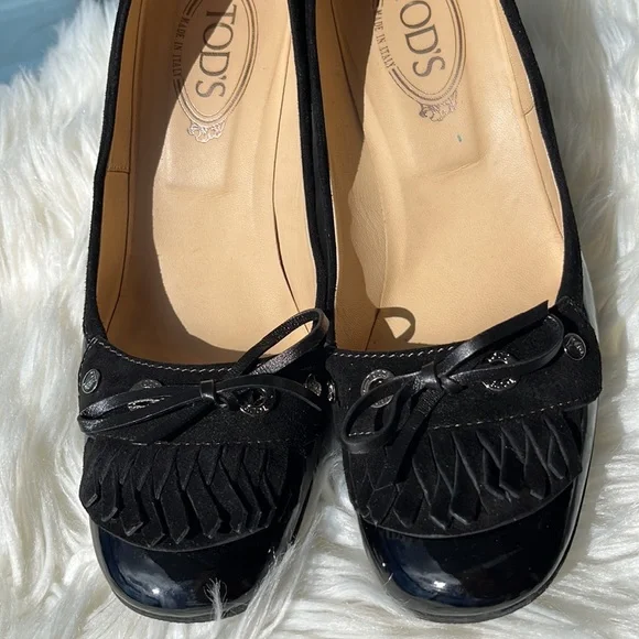 Tod’s Black Patent Leather/Suede Fringe Loafer Pumps Heels - Picture 9 of 16